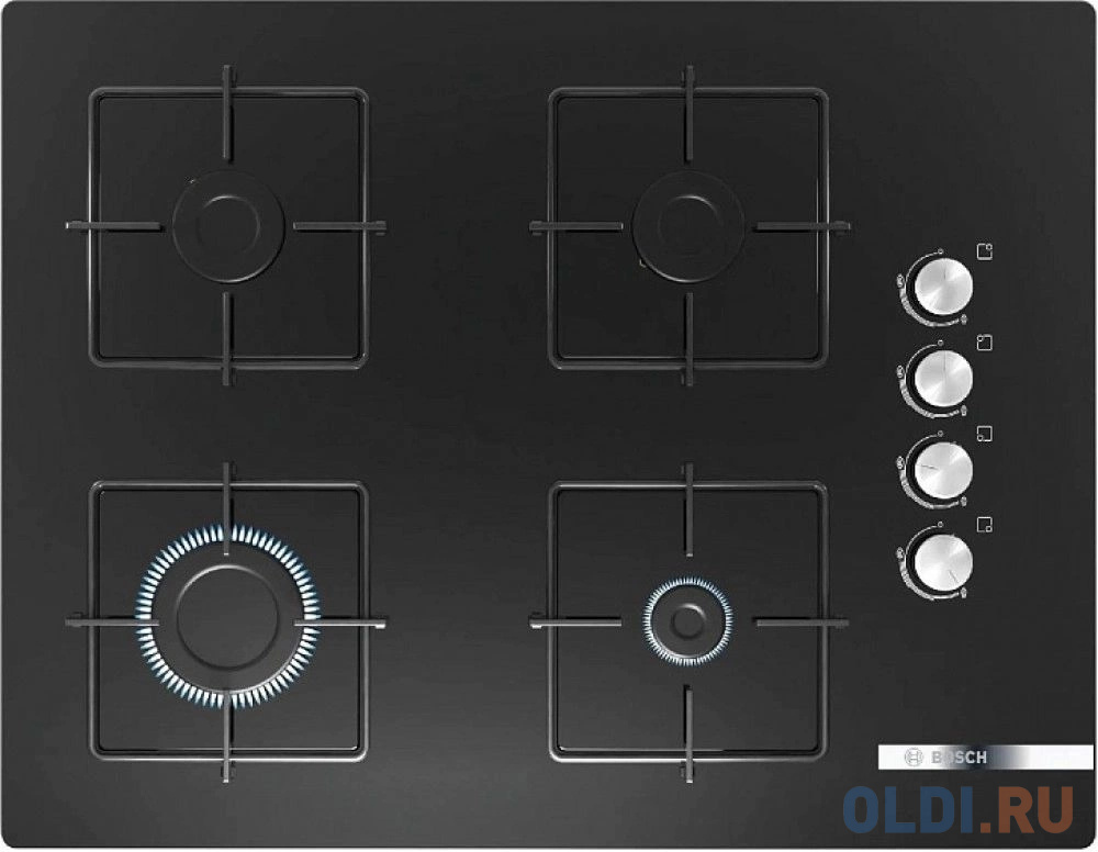 Serie 2, газовая варочная панель, 67 см, закаленное стекло, черный, 4 конфорки, 1 конфорка повышенной мощности, индивидуальные чугунные решетки, газ-к