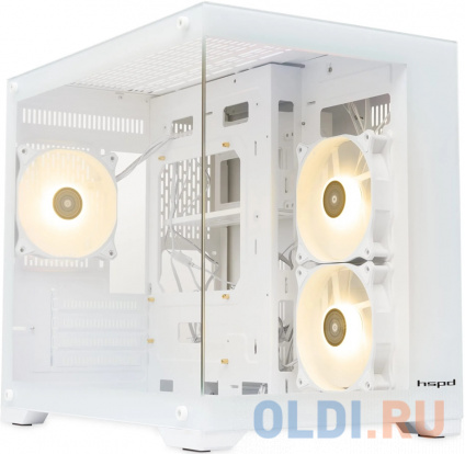     / HSPD F330, Panoramic Mini-tower, White, TG, 0.5 SPCC, 3x120mm ARGB mATX, mITX 160/400/200mm 1x2.5&quot;, 2x3.5&quot;, 4xPCI 1xUSB-C 3.0, 2xUSB-A1.0 428x280x375mm  