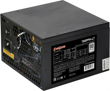 Exegate EX282048RUS-S   700W ExeGate 700PPH-LT-S, RTL, 80+, ATX, black, APFC, 12cm, 24p, (4+4)p, 5*SATA, 3*IDE,      