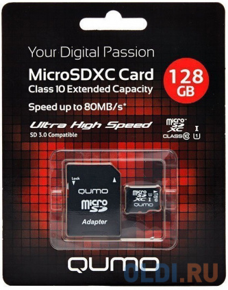  Micro SecureDigital 128Gb QUMO QM128GMICSDXC10U3 {MicroSDXC Class 10 UHS-I, SD adapter}  