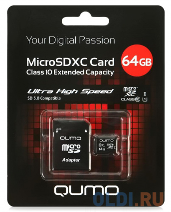    Micro SDXC 64Gb class 10 UHS-I QUMO QM64GMICSDXC10U1 + SD adapter  -
