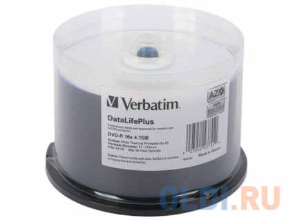   DVD-R Verbatim 16x 4.7Gb Cake Box 50 Printable 43755  