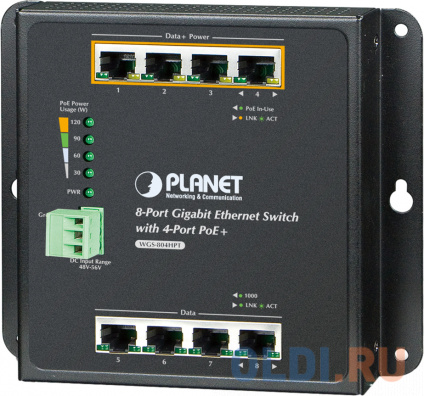  IP30, IPv6/IPv4, 8-Port 1000TP Wall-mount Managed Ethernet Switch with 4-Port 802.3AT POE+ (-40 to 75 C), dual redundant power input on 48-56VDC terminal block and power jack, SNMPv3, 802.1Q VLAN, IGMP Snooping, SSL, SSH, ACL  