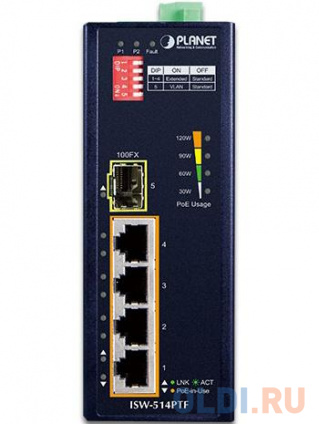  IP30 4-Port/TP + 1-Port Fiber(SFP) POE Industrial Fast Ethernet Switch (-40 to 75 C)  -
