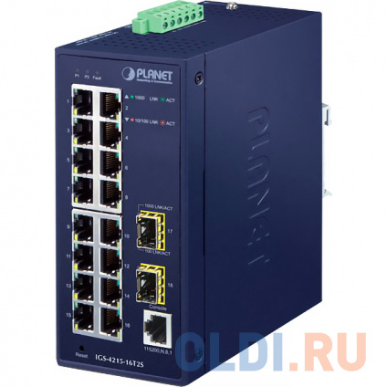  PLANET IGS-4215-16T2S IP30 Industrial L2/L4 16-Port 10/100/1000T + 2-Port 100/1000X SFP Managed Switch (-40~75 degrees C, dual redundant power input on 12~48VDC/24VAC terminal block)  