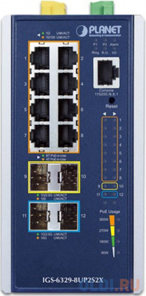 / PLANET IGS-6329-8UP2S2X IP30 DIN-rail Industrial L3 8-Port 10/100/1000T 802.3bt PoE + 2-port 1G/2.5G SFP + 2-Port 10G SFP+ Full Managed Switch (-40 to 75 C, 8-port 95W PoE++, 802.3bt/PoH/Force modes, DIDO, ERPS Ring, 1588 PTP TC, Modbus TCP, O  -