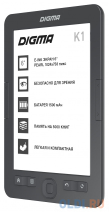    Digma K1 6&quot; E-ink HD Pearl 758x1024 600MHz 128Mb/4Gb/SD/microSDHC -  