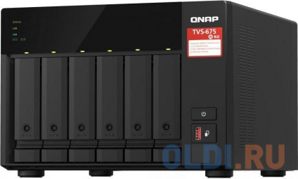  SMB QNAP TVS-675-8G NAS, 6-tray w/o HDD, 2xM.2 SSD Slot, 1xHDMI-port. CPU 8-ore 64-bit x86 KX-U6580 2.5 GHz , 8GB DDR4 (1 x 8GB) up to 64GB (2 x 32GB), 2x 2.5 Gigabit LAN  