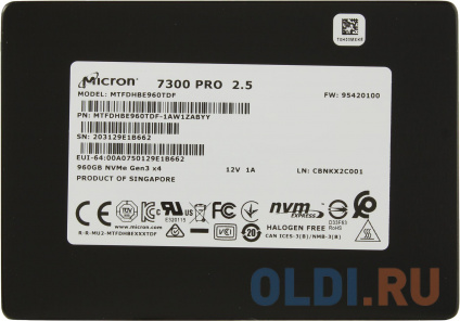  MICRON 7300 PRO 960GB Enterprise SSD, U.2, PCIe Gen3 x4, Read/Write: 2400 / 700 MB/s, Random Read/Wr  